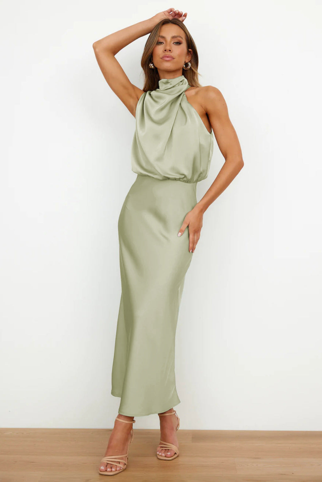 Monica™ | Long satin dress with neckline