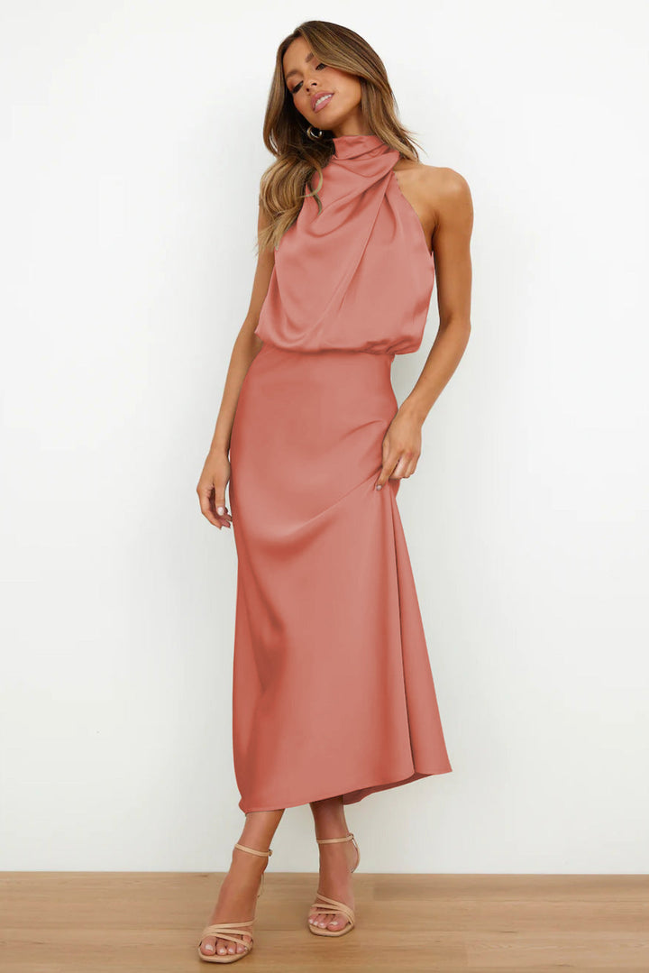 Monica™ | Long satin dress with neckline