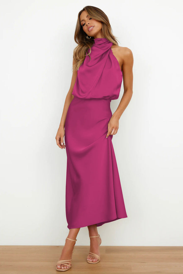 Monica™ | Long satin dress with neckline