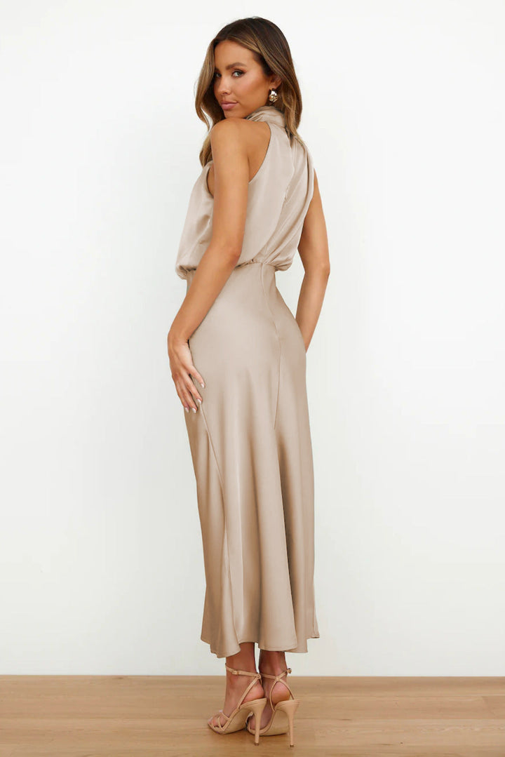 Monica™ | Long satin dress with neckline