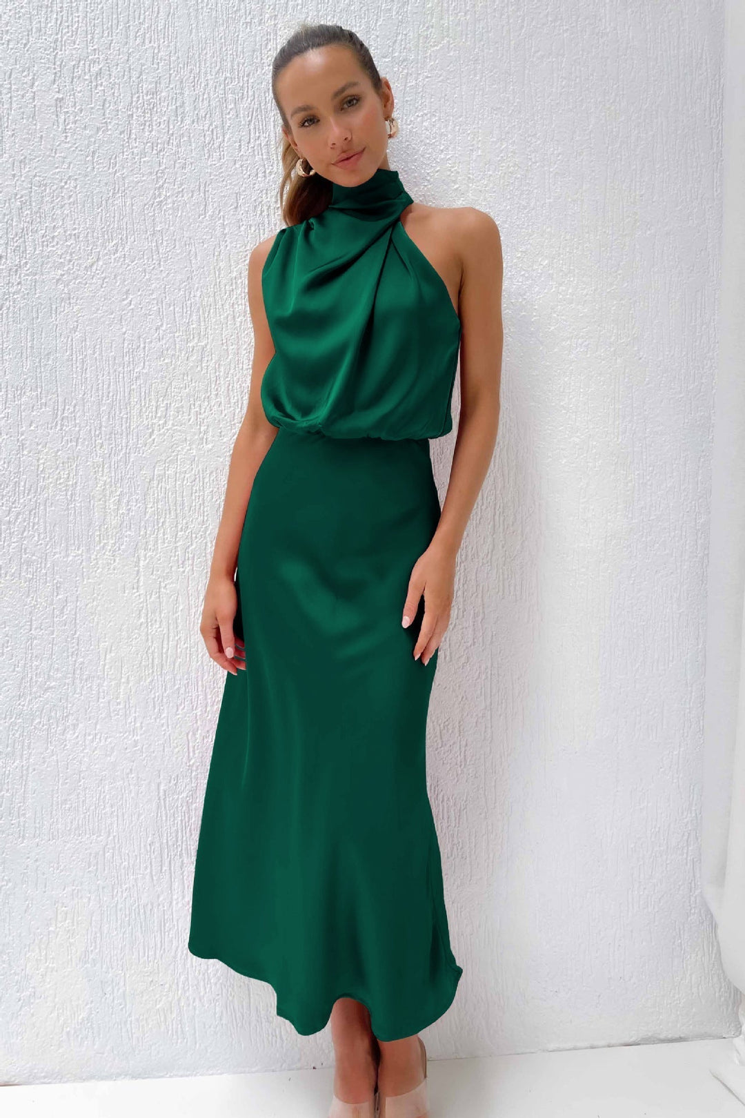 Monica™ | Long satin dress with neckline