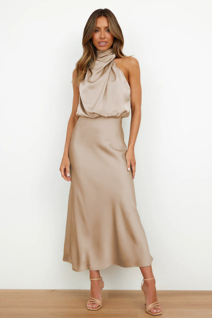 Monica™ | Long satin dress with neckline